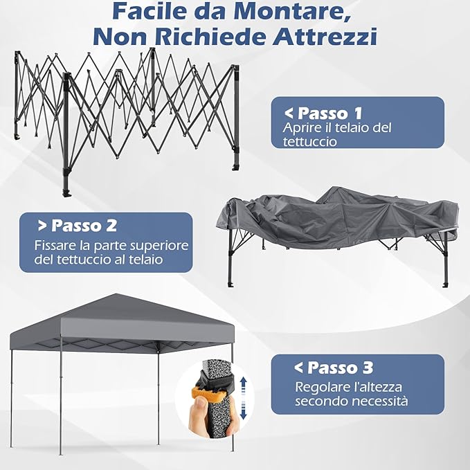 Gazebo Pop-up da Esterno 295 x 295 cm, Gazebo Pieghevole con Borsa da Trasporto, 8 Picchetti, 4 Corde Antivento, 3 Altezze Regolabili, Ideale per Feste, Barbecue, Giardino, Spiaggia (Grigio)