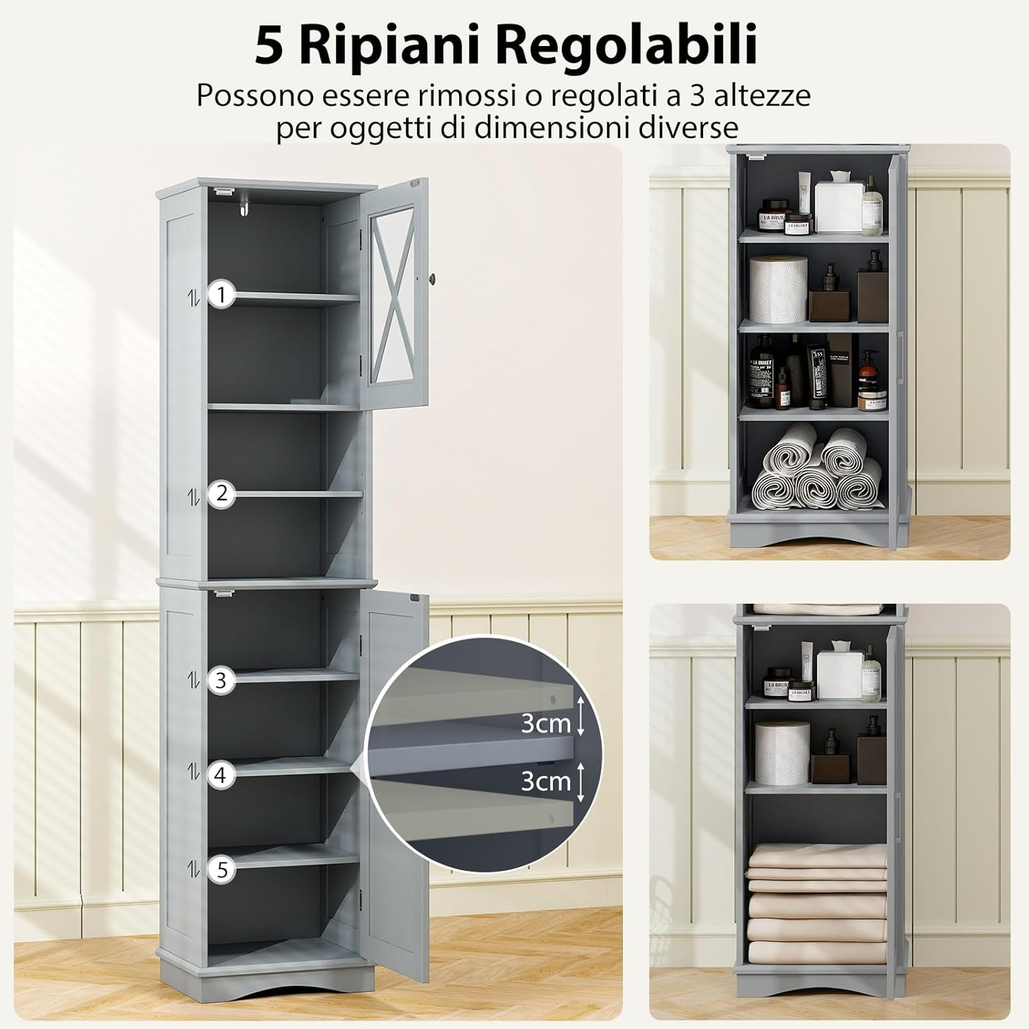 Mobile Bagno 40 x 30 x 170,5cm, Armadietto a Colonna Stretto e Alto con 5 Ripiani Regolabili e 2 Porte, Armadio da Terra in Legno per Soggiorno, Camera da Letto, Salotto e Cucina (Grigio)