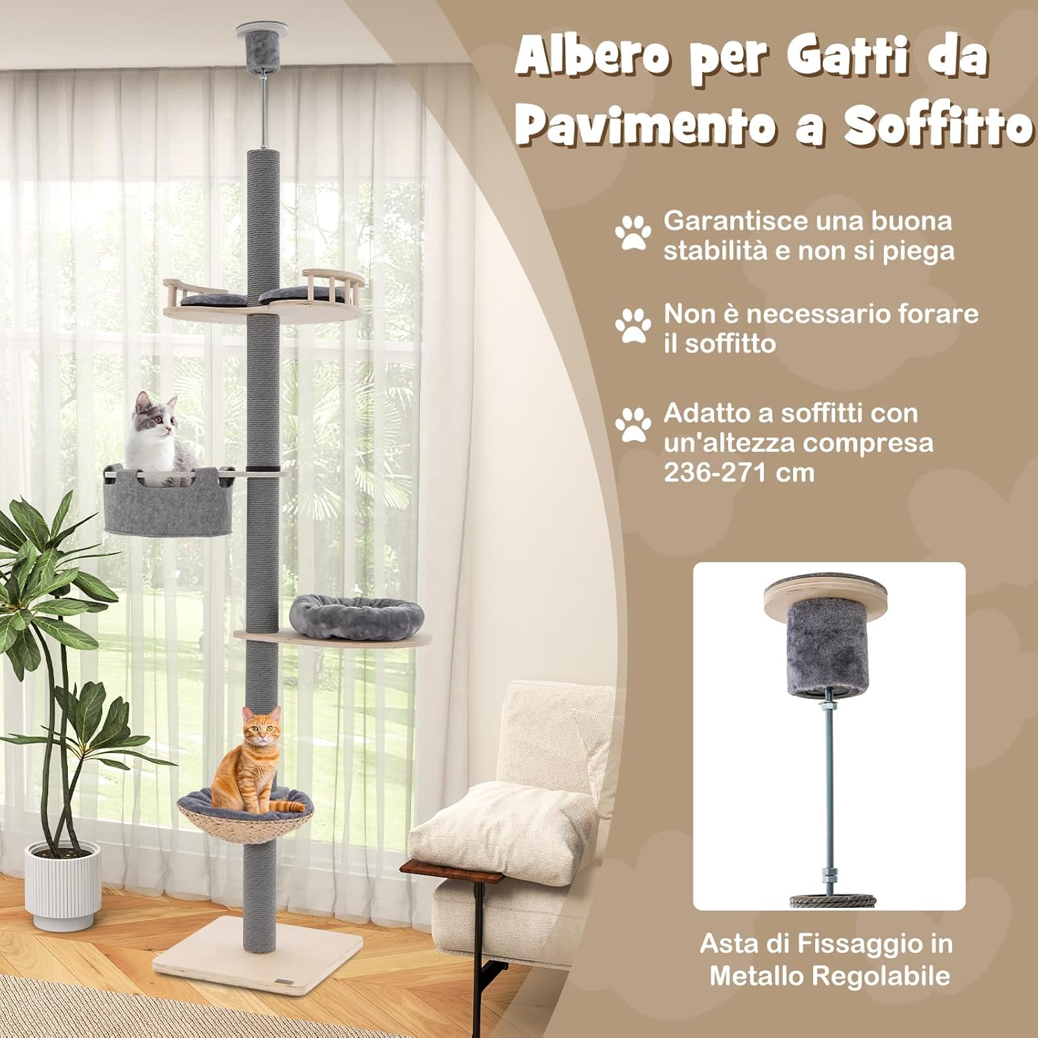 Albero per Gatti da Pavimento a Soffitto con Altezza Regolabile da 236 a 271 cm, Torre per Gatti in Legno a 5 Piani con Amaca, Letto e Cesta e Tiragraffi
