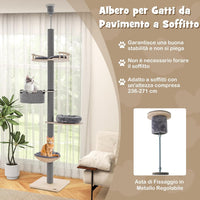 Albero per Gatti da Pavimento a Soffitto con Altezza Regolabile da 236 a 271 cm, Torre per Gatti in Legno a 5 Piani con Amaca, Letto e Cesta e Tiragraffi