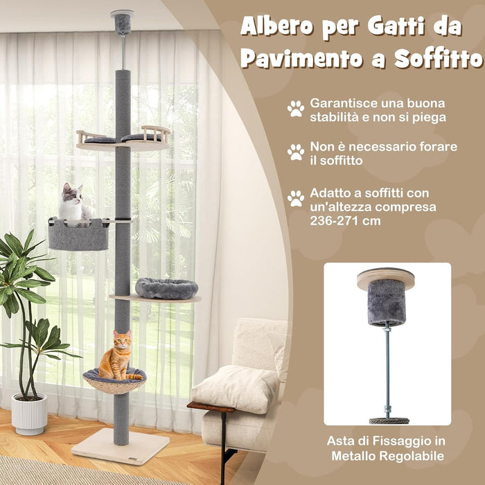 Albero per Gatti da Pavimento a Soffitto con Altezza Regolabile da 236 a 271 cm, Torre per Gatti in Legno a 5 Piani con Amaca, Letto e Cesta e Tiragraffi