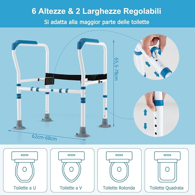 Supporto di Sicurezza Telaio Autonomo per WC, Supporto per WC Regolabile in Altezza e Larghezza con Cinghia di Fissaggio, Con Ventose Antiscivolo (Blu)