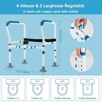 Supporto di Sicurezza Telaio Autonomo per WC, Supporto per WC Regolabile in Altezza e Larghezza con Cinghia di Fissaggio, Con Ventose Antiscivolo (Blu)