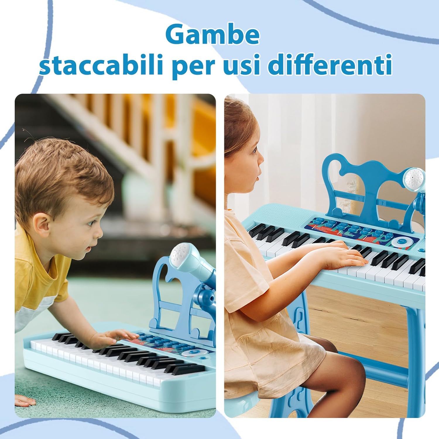 Pianoforte per Bambini a 37 Tasti, Strumento Musicale Elettronico con Microfono Regolabile e Leggio Rimovibile, Sgabello Abbinato, per Bambini di 3+ Anni (Blu)