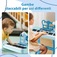 Pianoforte per Bambini a 37 Tasti, Strumento Musicale Elettronico con Microfono Regolabile e Leggio Rimovibile, Sgabello Abbinato, per Bambini di 3+ Anni (Blu)