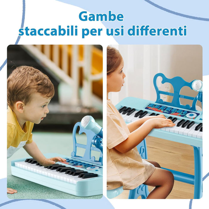 Pianoforte per Bambini a 37 Tasti, Strumento Musicale Elettronico con Microfono Regolabile e Leggio Rimovibile, Sgabello Abbinato, per Bambini di 3+ Anni (Blu)