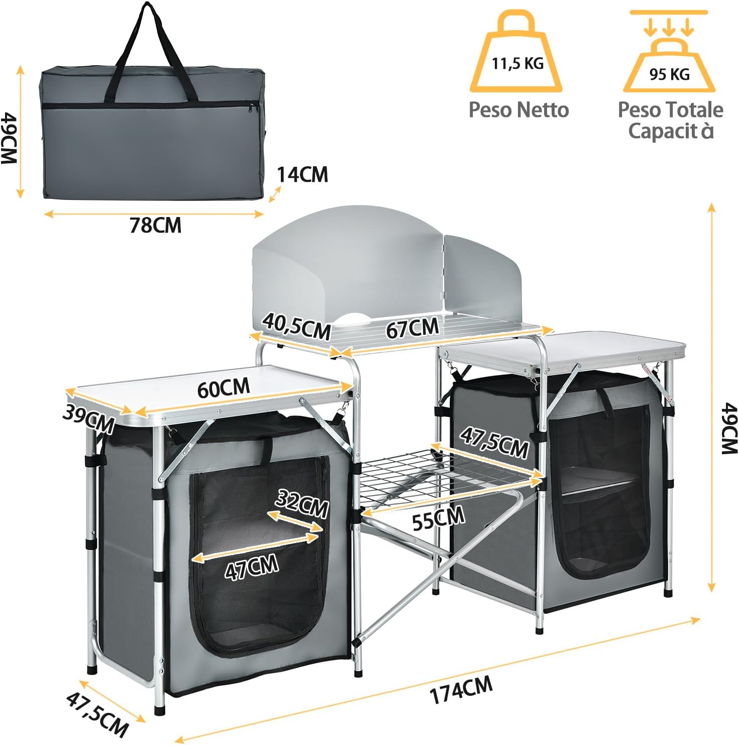 Cucina Portatile Cucina per Esterno Tavolo da Campeggio Pieghevole, Tavolo per Griglia in Alluminio, con Contenitori, per Festa Griglia e Campeggio (Grigio)