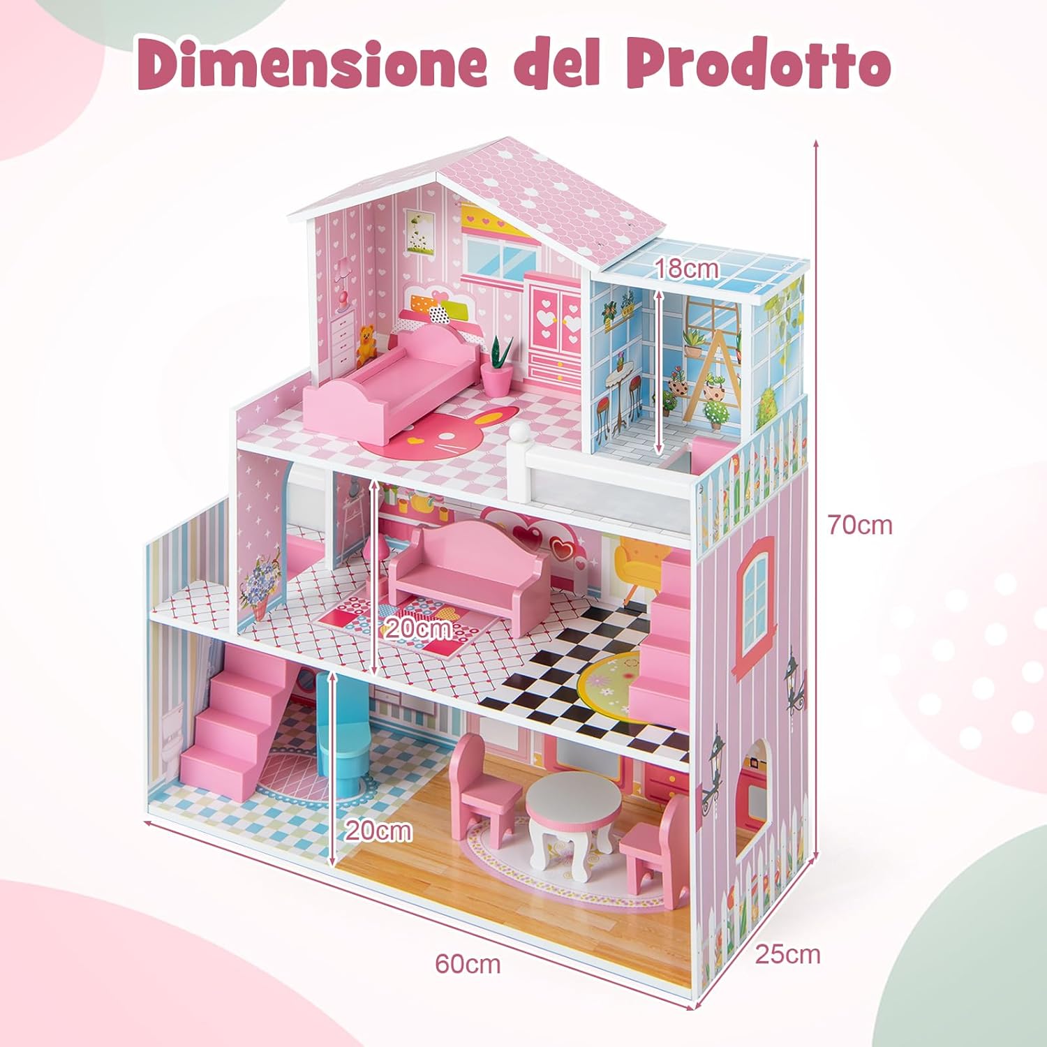 Casa delle Bambole in Legno, Set di Casa delle Bambole per Bambini con 5 Stanze e 10 Mobili, 3 Piani, Casetta Bambole per Bambini 3-7 Anni, 60 x 25 x 70 cm