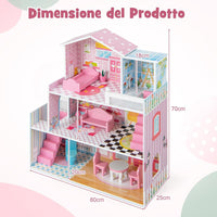 Casa delle Bambole in Legno, Set di Casa delle Bambole per Bambini con 5 Stanze e 10 Mobili, 3 Piani, Casetta Bambole per Bambini 3-7 Anni, 60 x 25 x 70 cm