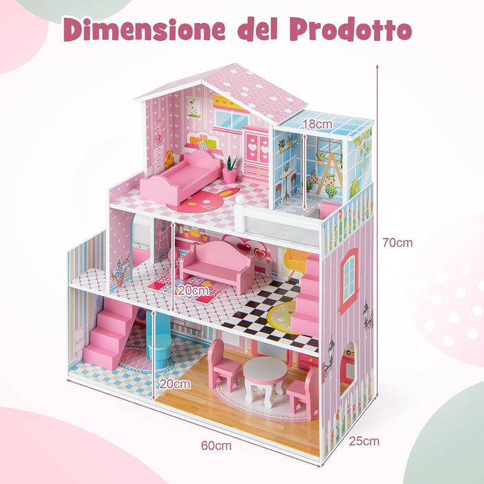 Casa delle Bambole in Legno, Set di Casa delle Bambole per Bambini con 5 Stanze e 10 Mobili, 3 Piani, Casetta Bambole per Bambini 3-7 Anni, 60 x 25 x 70 cm
