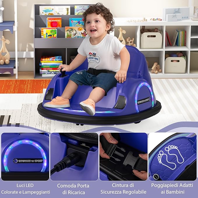 Autoscontro Elettrico per Bambini, Macchina Elettrica per Bambini con Luci LED, Connessione Wireless, Musica Giro a 360°, Macchina Cavalcabile per Bambini 18+ Mesi (Viola)