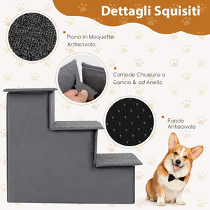 Scala per Cani con Cuccia, Rampe Pieghevole a 3 Gradini con Fondo Antiscivolo per Letti e Divani, Casa per Animali Domestici, Grigio, 42 x 21 x 44 cm