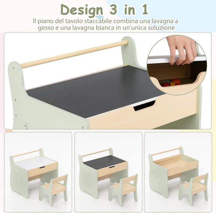 Tavolo a Forma di Elefante con Sedie 2 in 1, Set Tavolo e Sedie in Legno con Piano Rimovibile, Spazio di Archiviazione e Porta Rotolo di Carta per Aula per Cameretta, Aula e Asilo, Verde
