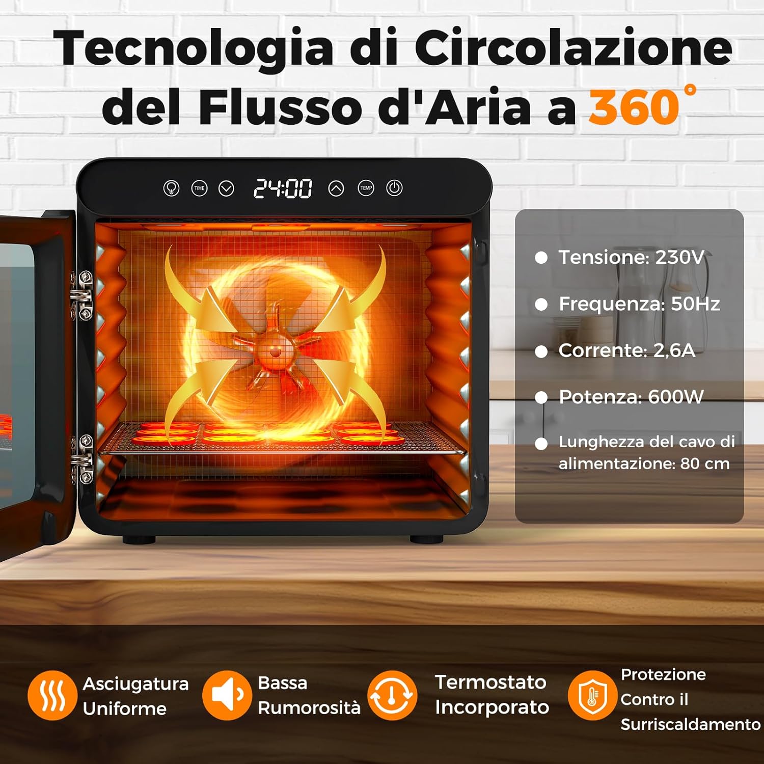 600W Essiccatore Alimentare, Disidratatore per Cibo in Acciaio Inox con 7 Vassoi Timer 24 Ore e Temperatura da 30-75℃, Accessori Inclusi, Disidratare per Carne Frutta Verdure