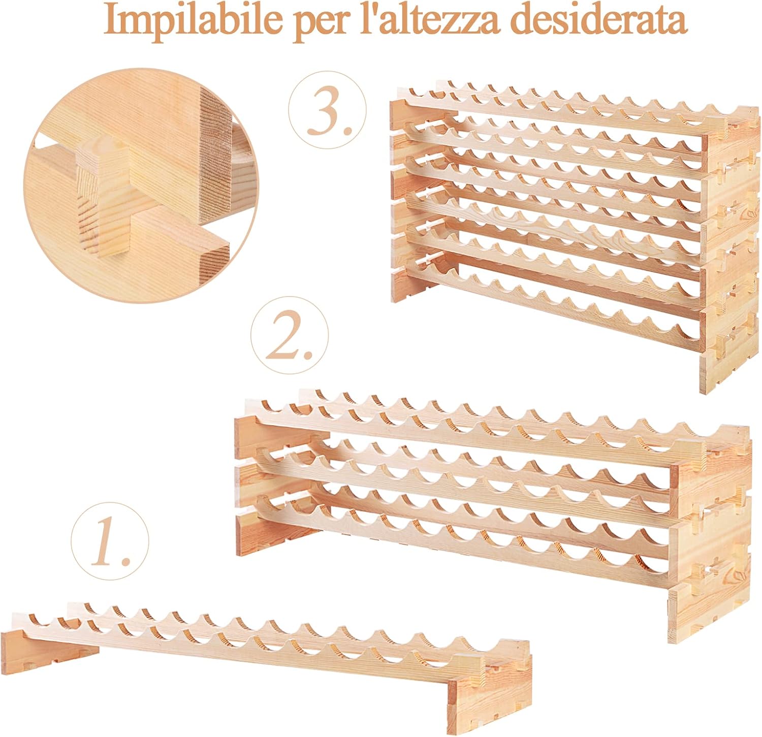 Portabottiglie per Vino in Legno, Scaffale per 72 Bottiglie di Vino, Cantinetta Porta Vino, Naturale (119 x 29 x 71,5 cm)