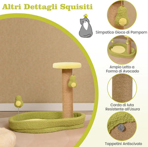 Tiragraffi per Gatto Alto 40 cm con Lettino Stile Avocado, Albero Tiragraffi Gatti con Palo a Corda in Juta, Piattaforma e 2 Pompon, Cuccia Albero Gatto Rivestito in Peluche, Verde