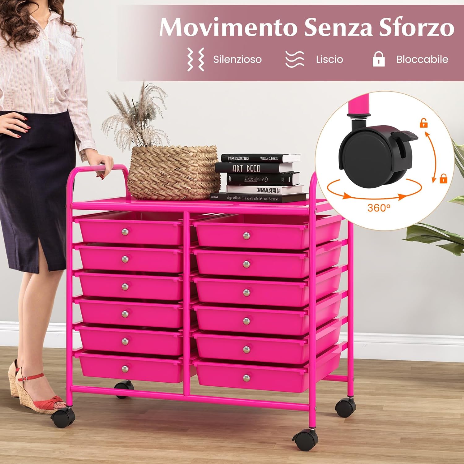 Carrello di Stoccaggio con 12 Cassetti, Carrello portaoggetti con 4 Ruote, Carrello Multiuso per Scuola Ufficio Cucina, 64 x 38 x 62 cm (12 cassetti Rosa)