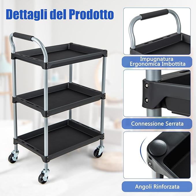 Carrello Utensili a 3 Strati, Carrello Porta Attrezzi con Manico Imbibito e Ruote Universali Bloccabili per Garage, Magazzino, Officina e Cucina, Portata 45 kg, 64 x 40 x 102 cm
