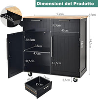 Carrello da Cucina, Isola da Cucina con Cassetti Portaoggetti e Armadietti, Ruote Universali e Portasciugamani, Ideale per Casa Ristorante Bar (Nero)