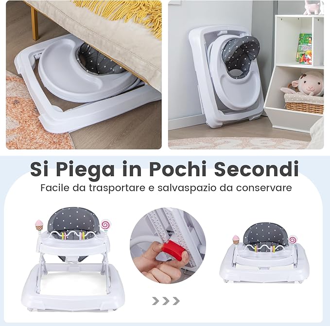 Girello per Bambini, Girello Pieghevole con Ruote, Altezza Regolabile su 3 Livelli, Cuscino del Sedile Rimovibile, per Bambini 6-36 Mesi (Grigio)