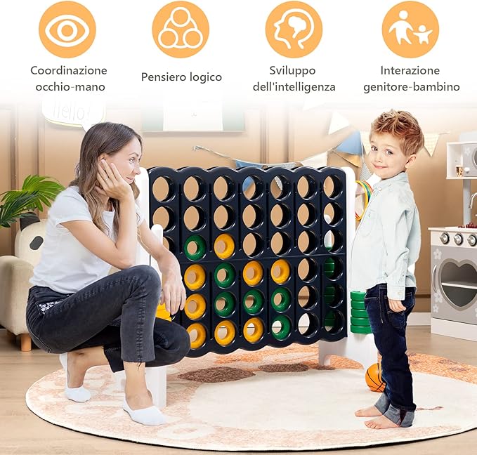 Forza 4 Gigante, Forza Quattro per Bambini con Canestro, Palla, 5 Anelli e 42 Piedine, Giochi Educativi da Esterno ed Interno per Vacanze e Feste, Ideale per Bambini +3 Anni