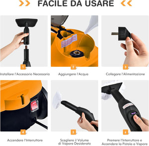 2000W Pulitore a Vapore con 19 Accessori e Serbatoio da 1,5L, Vapore per Tappeti, per Pulizie Profonde Pavimenti Finestre e Macchine (Arancia)