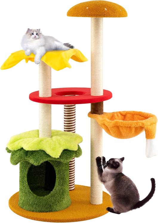 Albero per Gatti 117 cm, Tiragraffi per Gatti a Tema Hamburger con Letto a Cestino Sospeso, Condominio, Trespolo Imbottito, Tiragraffi in Sisal, Cuscini Peluche e Giocattolo Sospeso