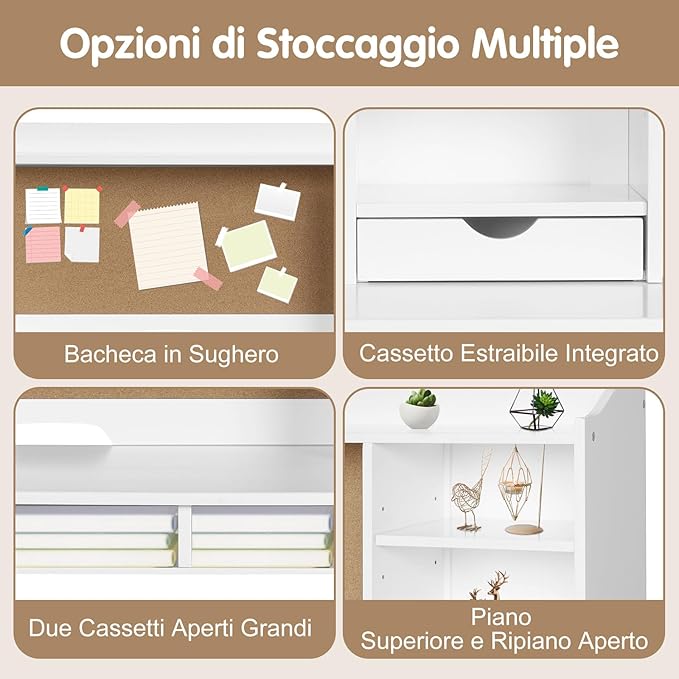 Set Scrivania e Sedia per Bambini 5-12 Anni, Tavolo in Materiale Sicuro con Bacheca in Sughero, 2 Cassetti e Spazio Ampio, Design Moderno, Ideale per Studio e Disegno (Bianco)