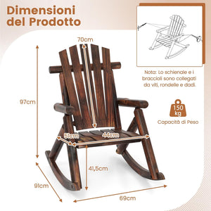 Sedia a Dondolo Adirondack da Esterno, Poltrona da Relax in Legno Giardino, Schienale Alto e Seduta a Doghe, Sedia da Patio per Balcone Cortile, Portata 150 kg