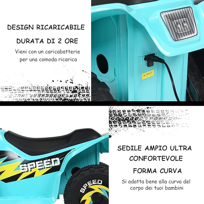 6V Quad Elettrico per Bambini, Mini Quad da Spiaggia con Funzione Avanti/Indietro, Velocità Massima 4,6 km/h, Regalo per Bambini 3 Anni+ (Blu)