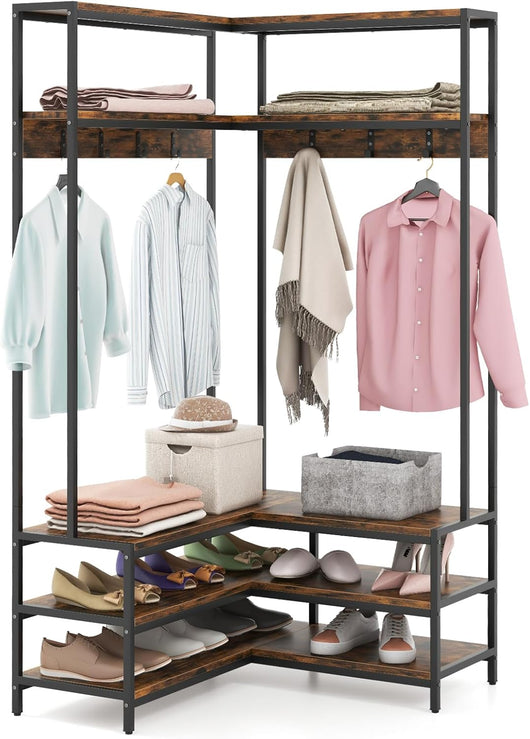 Stand Appendiabiti Angolare, Appendiabiti a Forma L con Ripiani Aperti 7 Ganci e Panca per Scarpe, Struttura in Metallo e Piedini Regolabili, 90x90x178 cm (Marrone industriale)