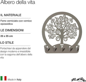 Portachiavi da Parete Albero della Vita Fango - Design Moderno in Acciaio, 5 Ganci, Decorativo per Ingresso e Ufficio - Arti e Mestieri, Made in Italy