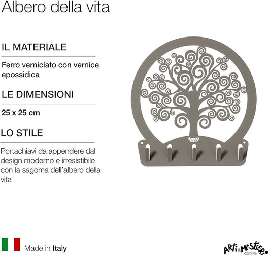 Portachiavi da Parete Albero della Vita Fango - Design Moderno in Acciaio, 5 Ganci, Decorativo per Ingresso e Ufficio - Arti e Mestieri, Made in Italy