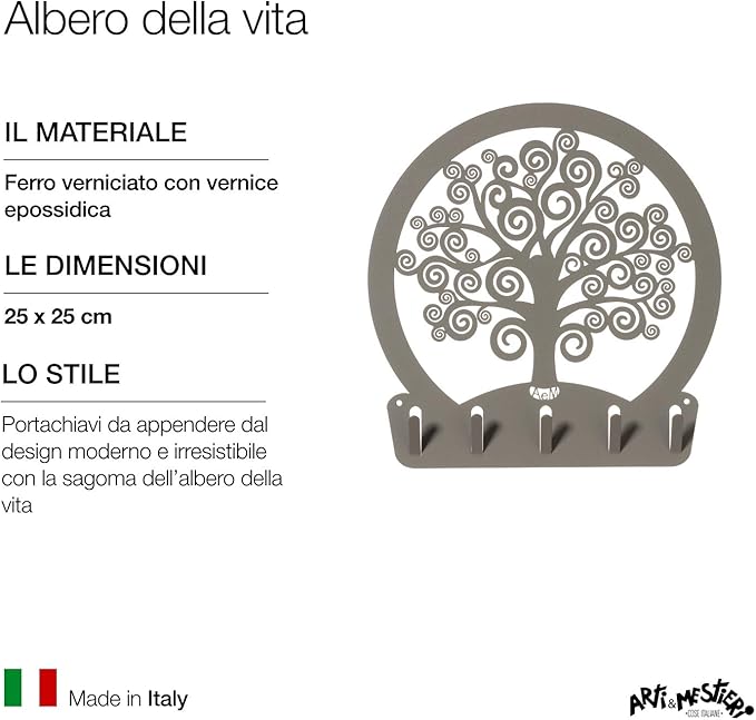 Portachiavi da Parete Albero della Vita Fango - Design Moderno in Acciaio, 5 Ganci, Decorativo per Ingresso e Ufficio - Arti e Mestieri, Made in Italy