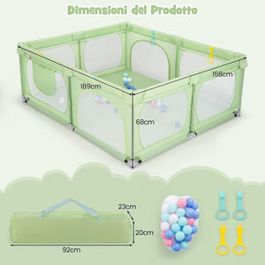 Recinto per Bambini, Box per Bambini con Rete Traspirante, Centro Attività per Bambini con 50 Palline, Box Giochi per Bambini 0-3 Anni (Verde, 189 x 158 cm)