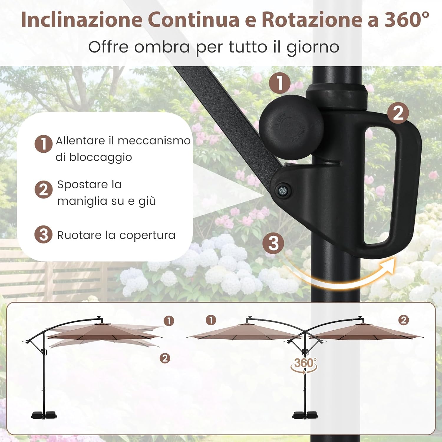 Ombrellone da Giardino 290 cm, con 96 Luci LED, Ombrellone Esterno con Base, Inclinazione Regolabile, Rotazione a 360°, Manovella, Parasole da Giardino (Marrone)