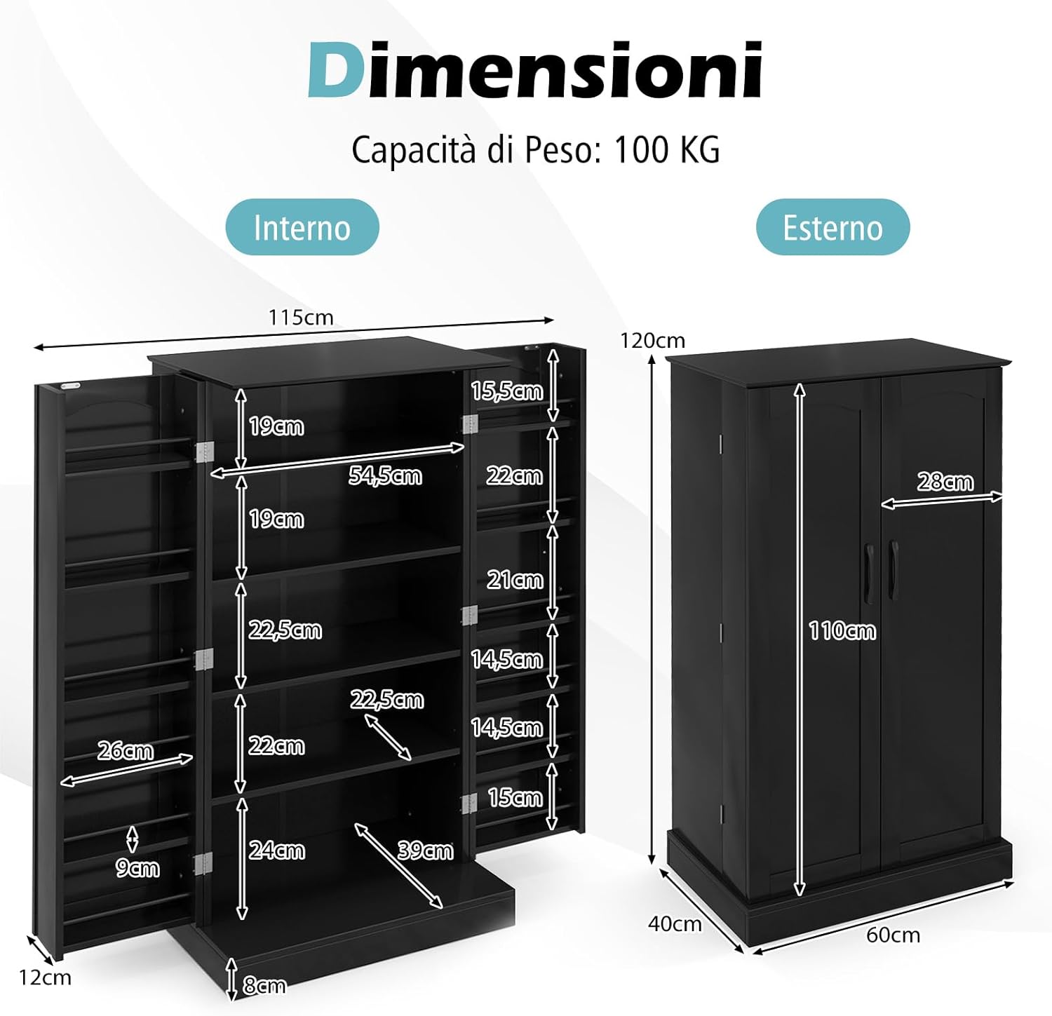 Credenza da Cucina, Mobile da Cucina Moderno con 6 Ripiani Regolabili, per Cucina, Sala da Pranzo e Soggiorno, 60 x 40 x 120 cm (Nero)