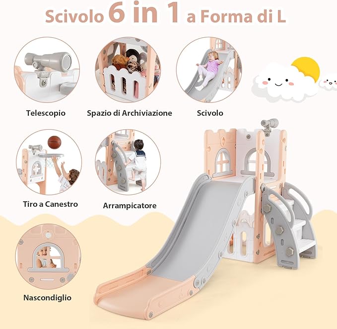 6 in 1 Scivolo per Bambini, Set da Gioco a Forma di L con Canestro da Basket e Telescopio, Spazio di Archiviazione, Scivolo da Interno ed Esterno per 1-3 Anni (Rosa)