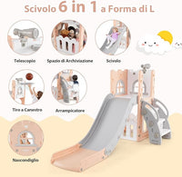 6 in 1 Scivolo per Bambini, Set da Gioco a Forma di L con Canestro da Basket e Telescopio, Spazio di Archiviazione, Scivolo da Interno ed Esterno per 1-3 Anni (Rosa)