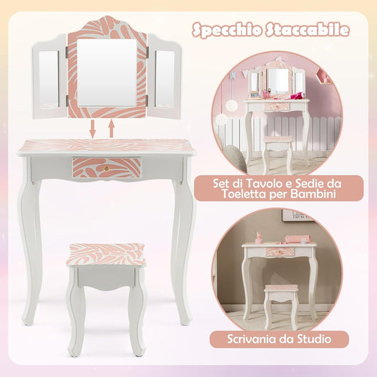 2 in 1 Toeletta Trucco con Sgabello per Bambini, Tavolo da Trucco con Cassetto con 3 Specchi Pieghevole, Specchio Rimovibile, 3 Anni +