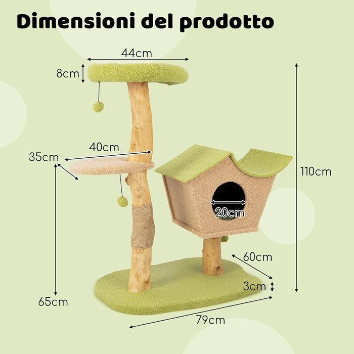 Albero per Gatti da 110 cm, Torre per Gatti in Legno con Cuccia Imbottita, Nicchia per Gatti, Tiragraffi, Piattaforma di Salto, Base Pesante e Palline Appese