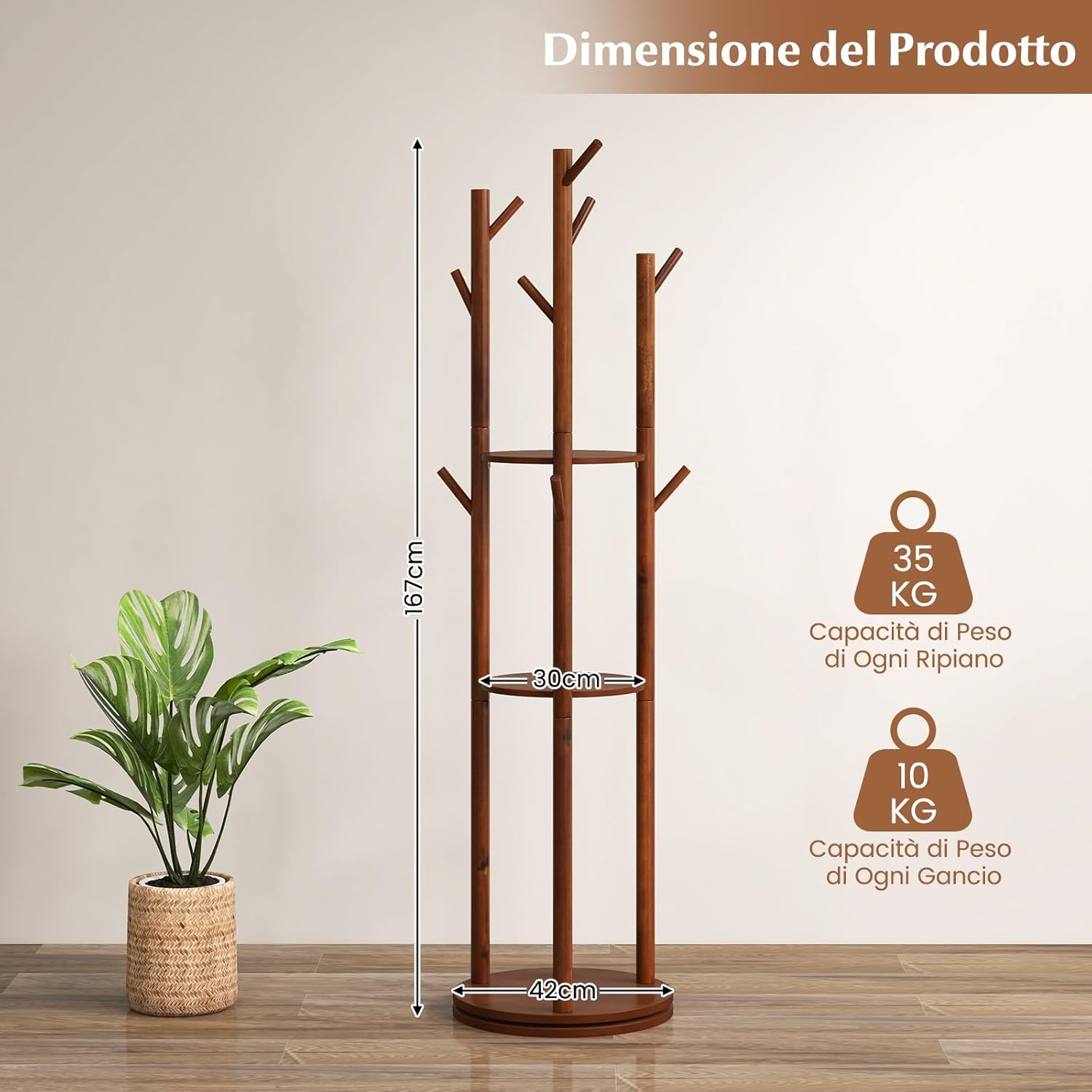 Attaccapanni girevole a forma di albero, Appendiabiti con 3 Ripiani e 9 Ganci, Appendiabiti 167 cm per Ingresso Salotto Camera da Letto