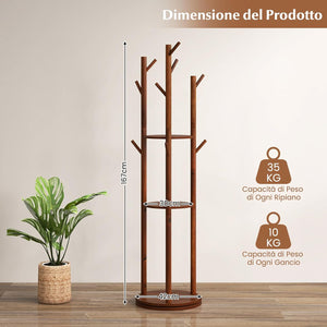 Attaccapanni girevole a forma di albero, Appendiabiti con 3 Ripiani e 9 Ganci, Appendiabiti 167 cm per Ingresso Salotto Camera da Letto