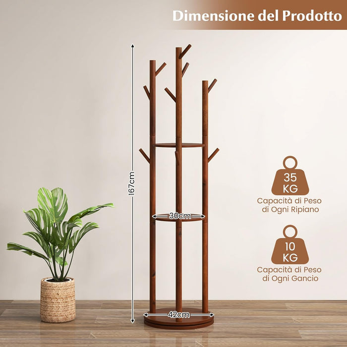 Attaccapanni girevole a forma di albero, Appendiabiti con 3 Ripiani e 9 Ganci, Appendiabiti 167 cm per Ingresso Salotto Camera da Letto