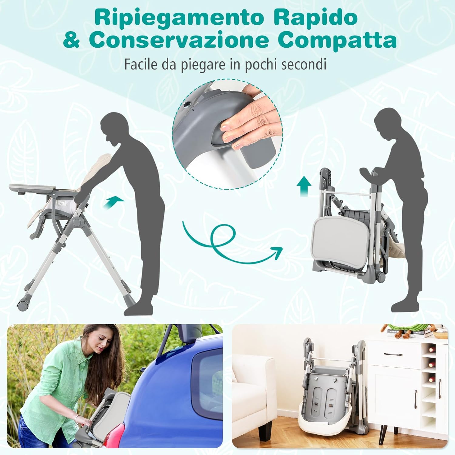 Seggiolone Pieghevole per Bambini, Portatile Regolabile con Poggiapiedi, Seggiolone con Vassoio Staccabile, Cuscino Sede in PU, Cintura di Sicurezzae Ruote Incorporate, Portata 15 kg (Beige)