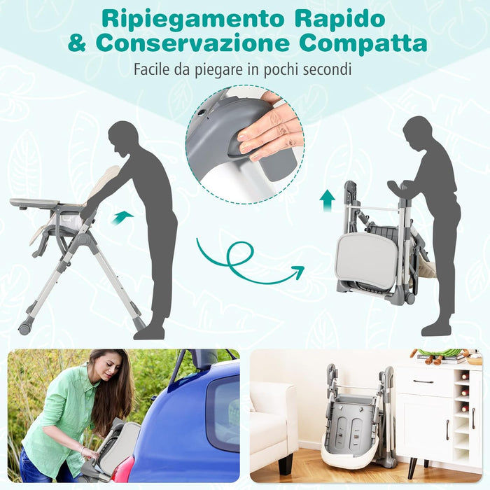 Seggiolone Pieghevole per Bambini, Portatile Regolabile con Poggiapiedi, Seggiolone con Vassoio Staccabile, Cuscino Sede in PU, Cintura di Sicurezzae Ruote Incorporate, Portata 15 kg (Beige)