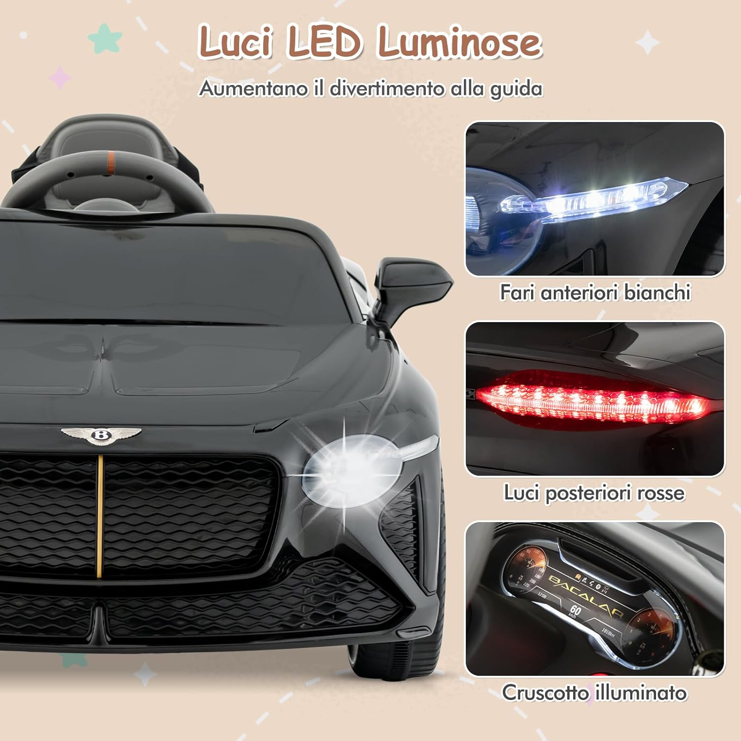 Bentley 12V Macchina Elettrica per Bambini, Auto Elettrica con Telecomando Luci a LED, Velocità Regolabile 3-5 km/h, Veicolo Elettrico per Bambini 37-96 Mesi (Nero)