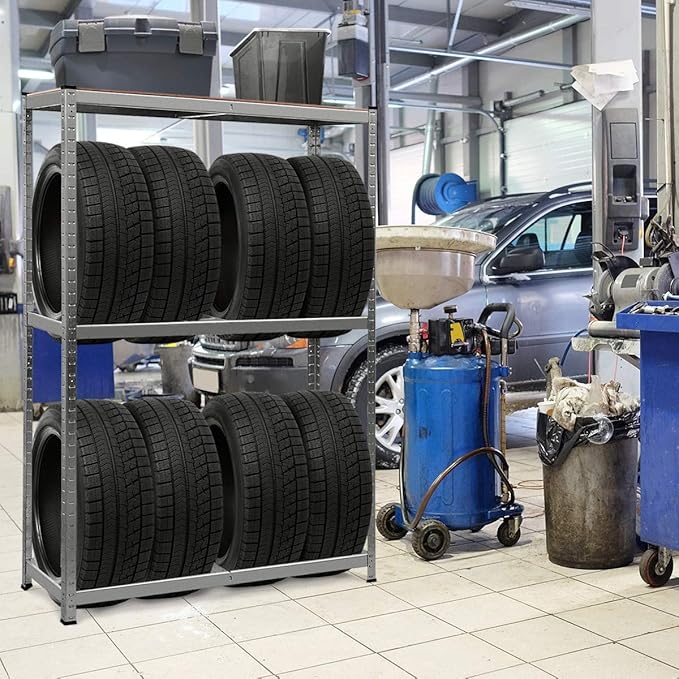 Scaffale Portagomme, Scaffale per Pneumatici in Acciaio 3 Ripiani, Scaffale per 8 Gomme da Officina Garage, 795kg, 120 x 40 x 180 cm