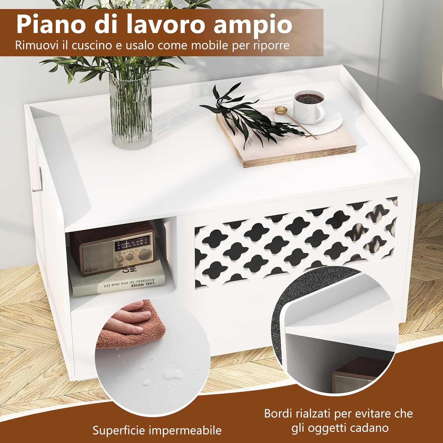 Mobile per Lettiera per Gatti, Panca per Lettiera per Gatti, Mobile Contenitore con Cuscino Rimovibile per Gatti da Interno, Bianco, 90 x 48,5 x 52 cm