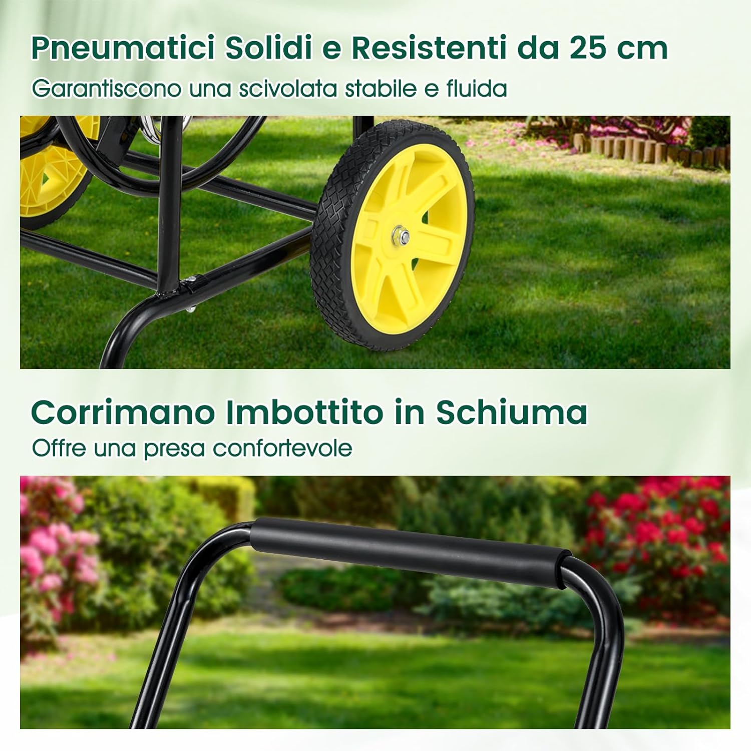 Carrello Avvolgitubo da Giardino, Capacità di 70 m per Tubi da 20 mm, Carrello per Tubo da Esterno in Metallo Robusto con 2 Ruote e Cestino Portaoggetti, per Giardino, Prato e Patio (Nero)